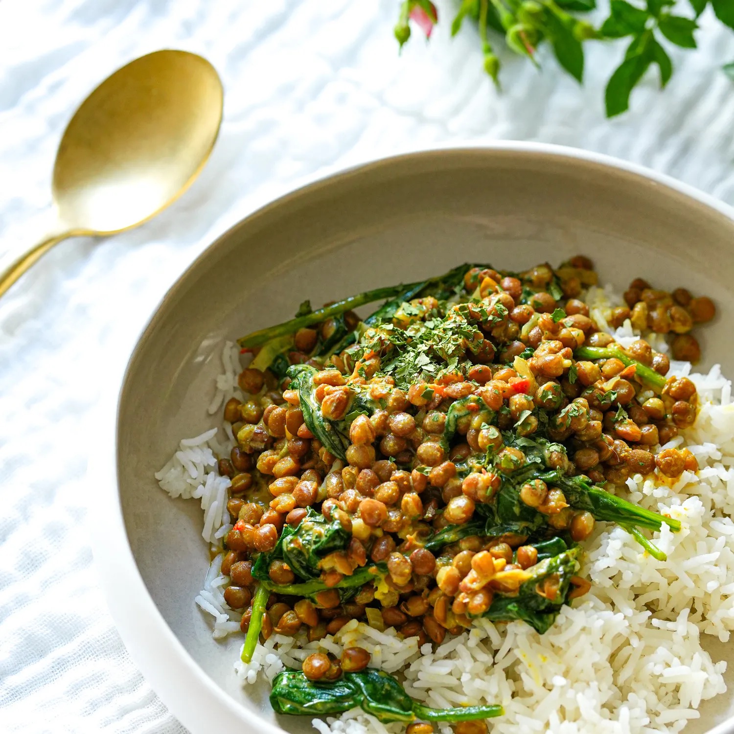 Curry aux céréales et lentilles, épinards et curcuma